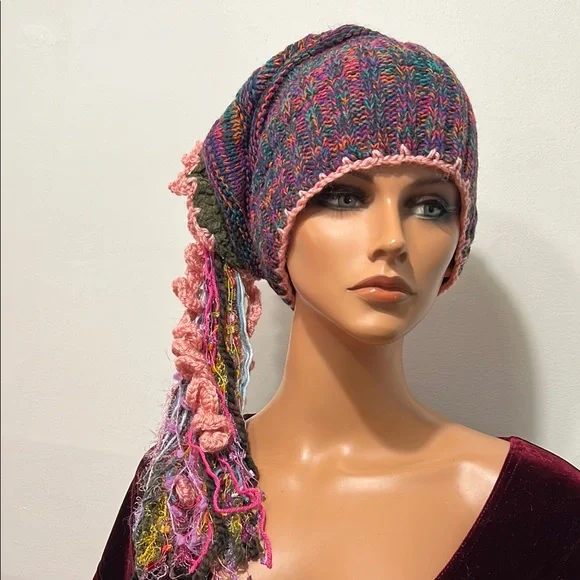 Multicolor Knit Slouchy Beanie with Pink Accents Pink and grey slouchy beanie – The Artful Arrow main image 3